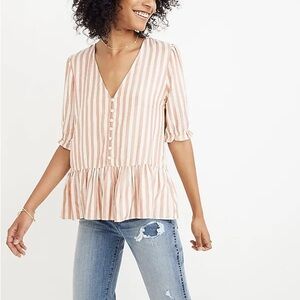 Madewell Courtyard Ruffle-Hem Top in Stripe Short Sleeve Blouse Women’s Medium